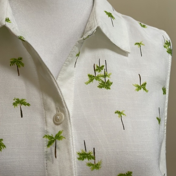 Croft & Barrow Palm Tree Print White Linen Rayon Sleeveless Button Down Top Sz S - Picture 3 of 12